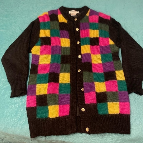 Premiere Sweater women’s L 50%Wool long colorblock front Y2K black back & sleeve - Picture 1 of 13